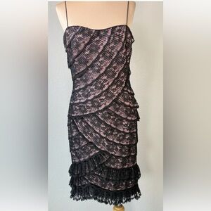 Vintage Christyne Forti Black Lace Pink Tiered Ruffled Cocktail Sheath Dress 6